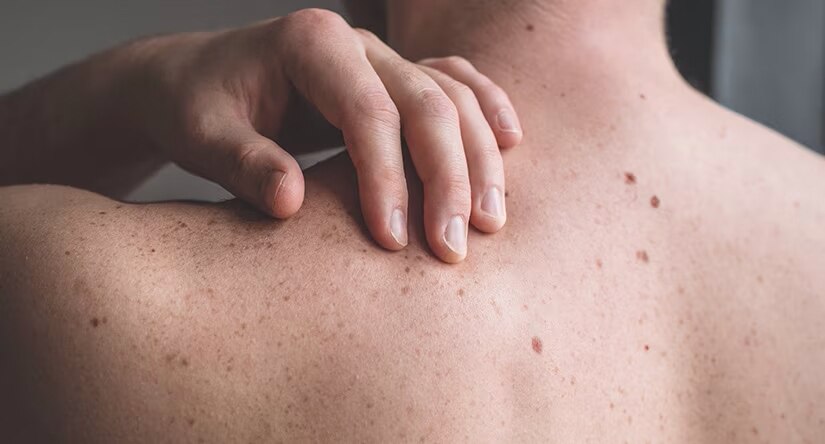 Gros plan sur le dos et l'épaule d'un homme à la peau claire, parsemée de grains de beauté. Sa main est posée sur son épaule.