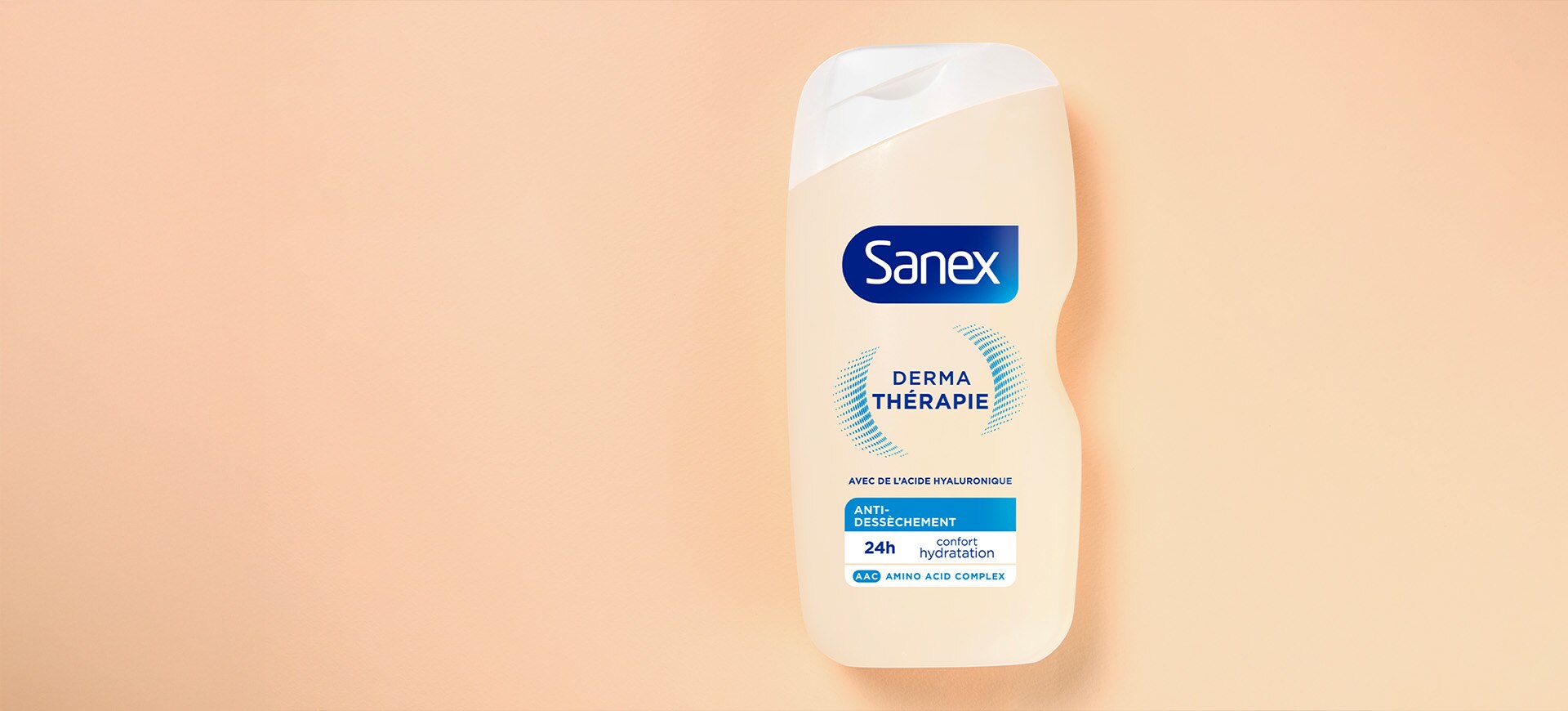 Sanex Derma Therapy pour la peau sèche sur un fond de couleur claire.