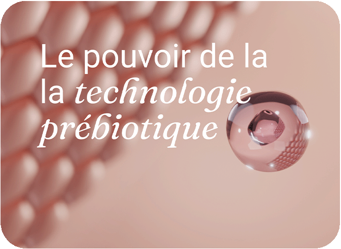 Illustration en 3D d'une goutte de sérum transparente et brillante flottant au-dessus d'une surface de cellules cutanées stylisées.