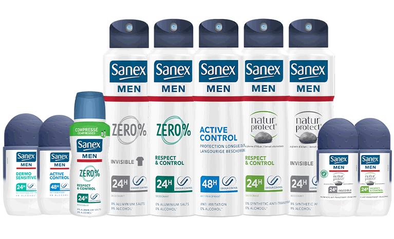 Gamme complète des déodorants Sanex Men, incluant plusieurs formats aérosols et roll-ons. Les différentes variantes comme Zero %, Active Control et Natur Protect sont présentées.