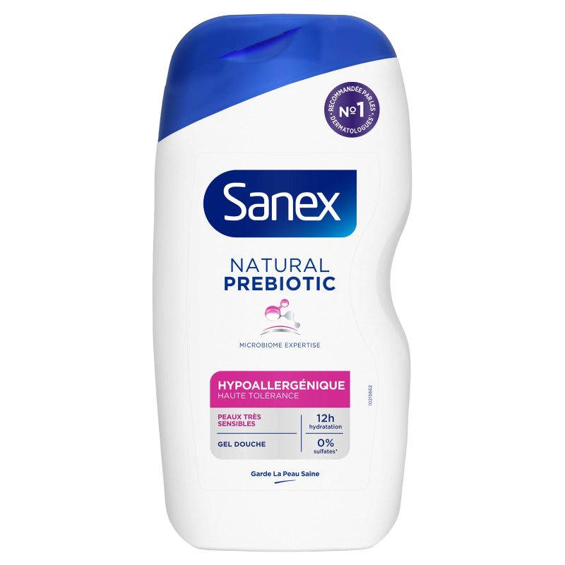 Flacon de gel douche Sanex Natural Prebiotic, version "Hypoallergénique" pour "Peaux très sensibles". L'étiquette rose porte le sceau "Recommandé No. 1 par les dermatologues".