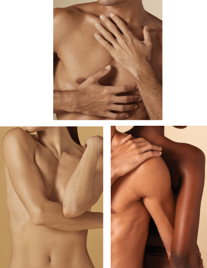 ollage de trois photos montrant différentes personnes et interactions. En haut, les mains d'un homme sur sa poitrine. En bas à gauche, une personne très mince enlace son corps. En bas à droite, deux personnes de couleurs de peau différentes s'étreignent.