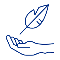 Icône d'une main ouverte, paume vers le haut, avec une plume flottant au-dessus, symbolisant la légèreté et la douceur.