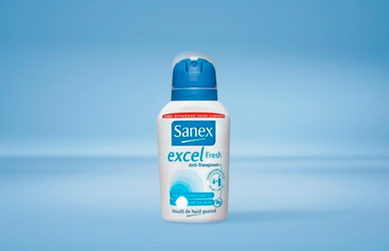 Déodorant roll-on Sanex Excel Fresh Anti-transpirant. L'étiquette du produit est rédigée en néerlandais.